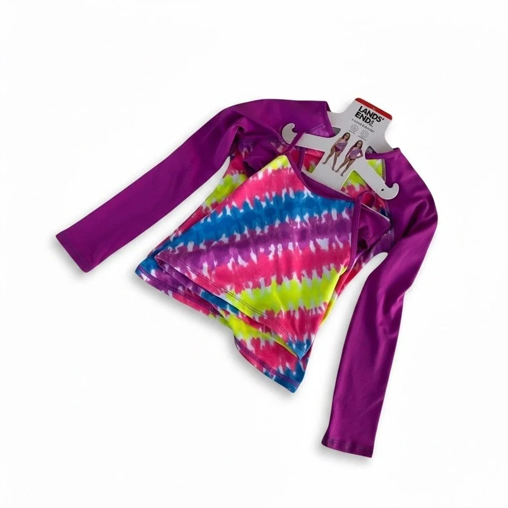 Lands' End 3 Piece Swim Set Girls Size 2T‎ Purple Geometric UPF 50 Quick Dry